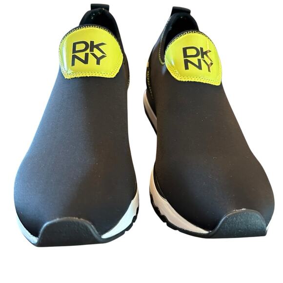 DKNY Jolie-Slip On Sneakers Neoprene Black Neon Yellow Logo NEW 7.5 - Picture 4 of 11
